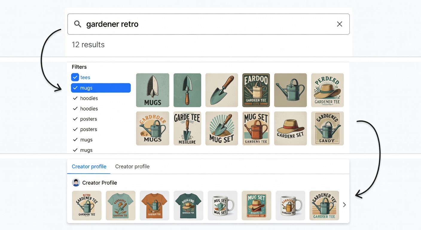Screenshot-style mockup of MerchHarbor shop interface - top: search bar with 'gardener retro' entered and 12 results; middle: filters sidebar highlighting 'tees' and 'mugs'; bottom: creator profile tab open showing 8 related designs; arrows showing workflow from search to profile (38 words)