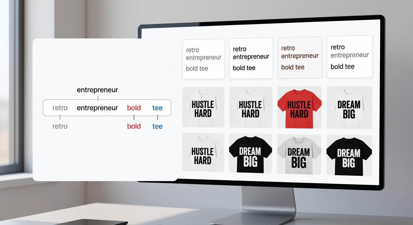 Visual breakdown of a search formula bar with components labeled: 'retro' (style), 'entrepreneur' (niche), 'bold' (mood), 'tee' (product), showing 4 example combinations like 'retro entrepreneur bold tee' yielding thumbnail previews of motivational designs with high contrast text