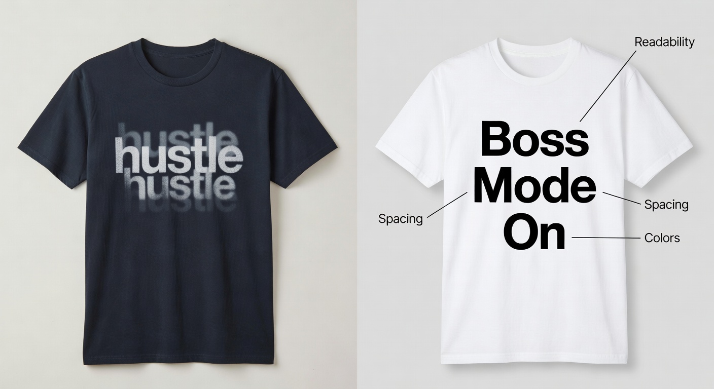 Side-by-side comparison of two entrepreneur tee mockups: left low-quality (blurry 'hustle' text, overlapping elements, poor contrast); right high-quality (sharp 300 DPI vector quote 'Boss Mode On' with balanced spacing, high contrast palette, labeled callouts for readability, spacing, and colors)