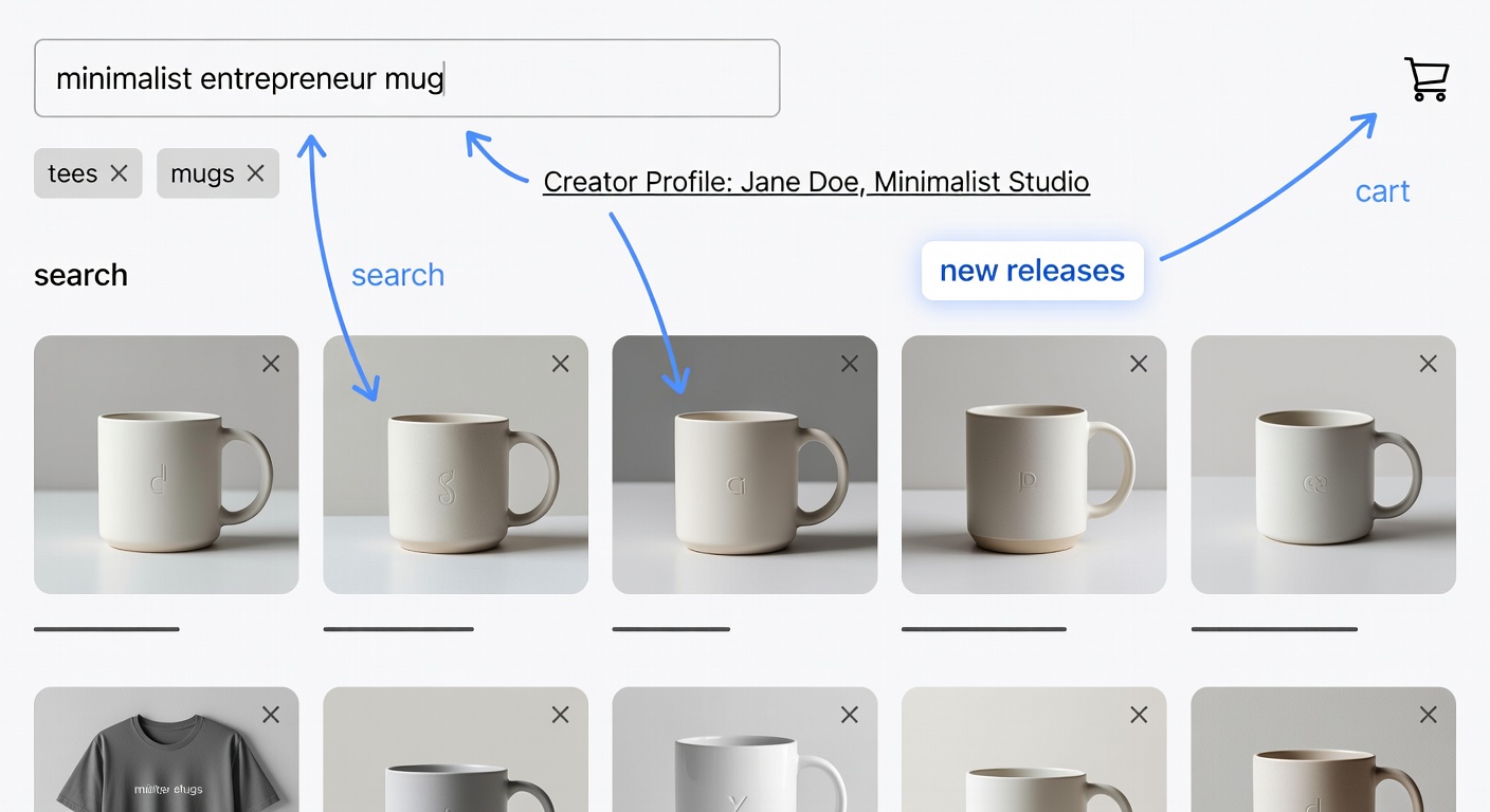 Screenshot-style mockup of marketplace shop interface: search bar with 'minimalist entrepreneur mug' entered, filters applied (tees/mugs), results showing creator profile link, new releases tab, and workflow arrows from search to profile to cart