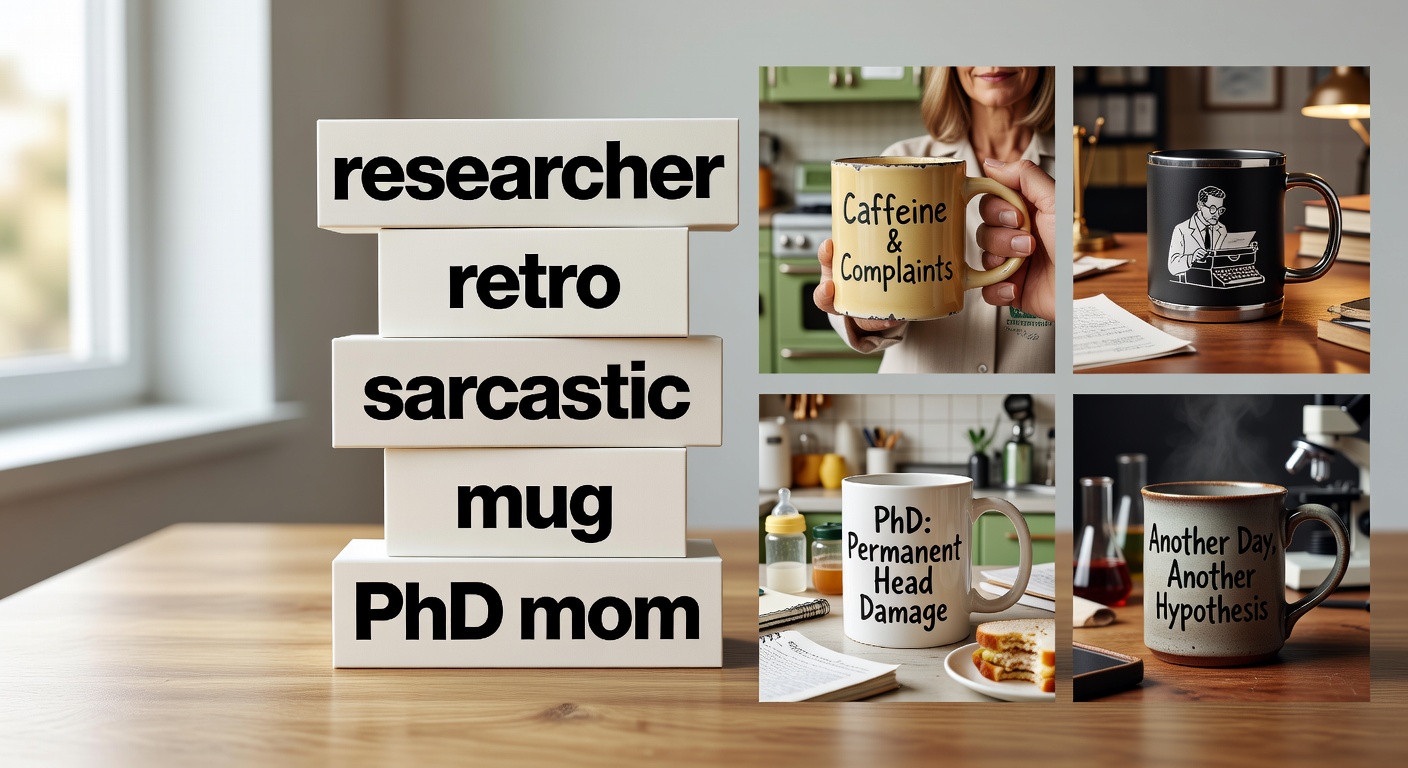 Visual breakdown of search formula components showing 'researcher' as core niche stacked with style words like 'retro', mood like 'sarcastic', product like '<a href=