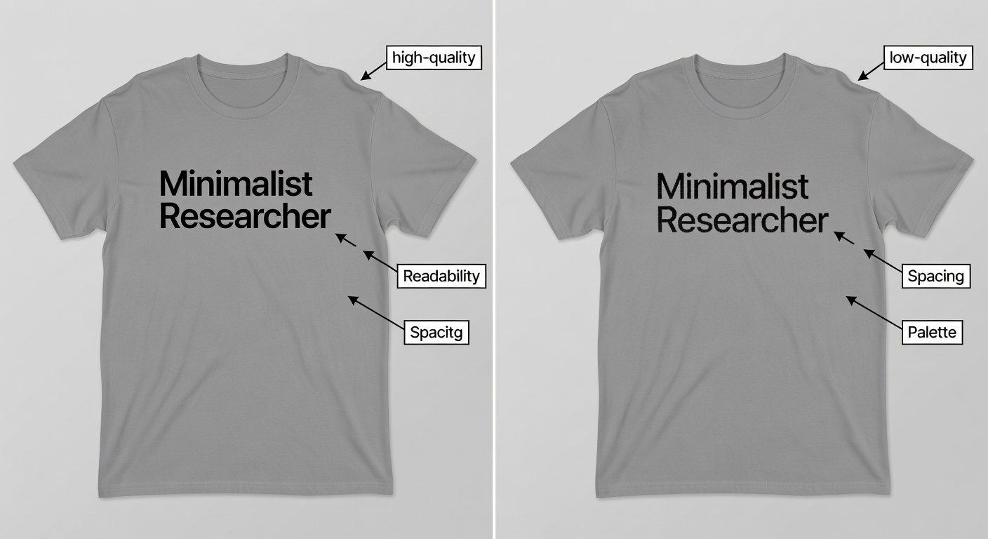Side-by-side comparison of high-quality vs low-quality researcher tee designs; left shows crisp 'Minimalist Researcher' logo with perfect spacing, 2400x3000px, high contrast; right shows blurry crowded text with poor balance; labeled callouts for readability, spacing, and palette