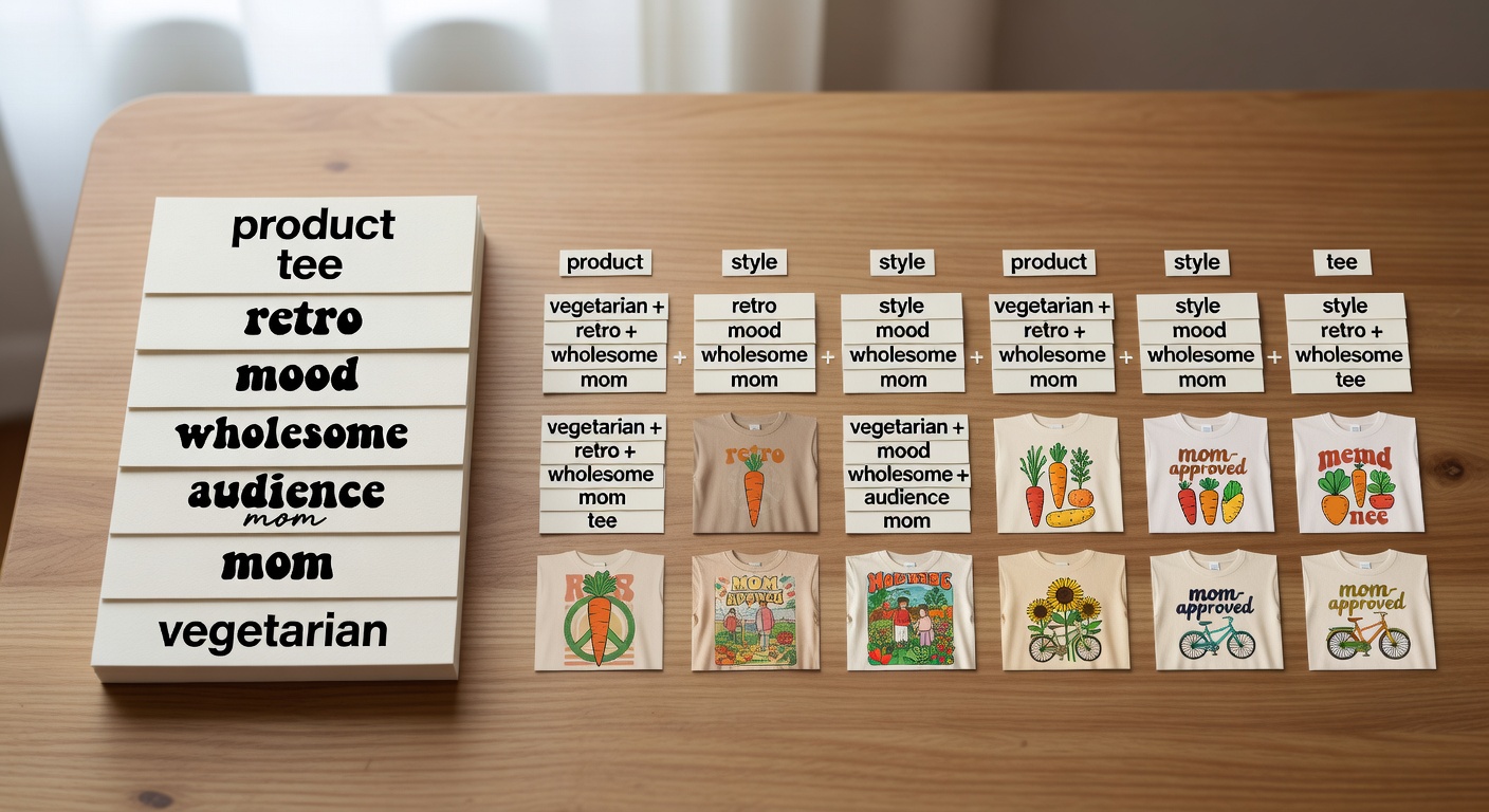 Visual breakdown of search formula components showing 'vegetarian' as core niche stacked with style words like 'retro', mood like 'wholesome', audience like 'mom', and product like 'tee'—with 6 example combinations side-by-side and thumbnails of resulting designs (20 words)