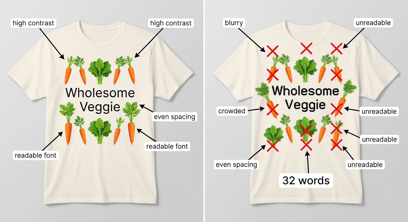 Side-by-side comparison of high-quality vs low-quality vegetarian tee design: left shows crisp 'Wholesome Veggie' text with balanced carrots and greens at thumbnail size with callouts for 'high contrast', 'even spacing', 'readable font'; right shows blurry crowded version with red X's on flaws (32 words)