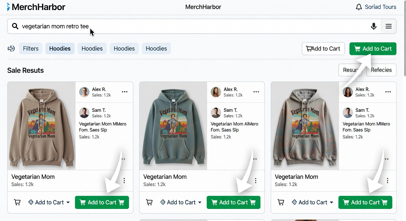 Screenshot-style mockup of MerchHarbor shop interface: search bar with 'vegetarian mom retro tee' entered, filters applied for hoodies, results showing 3 designs with creator profiles open and 'add to cart' workflow arrows (28 words)