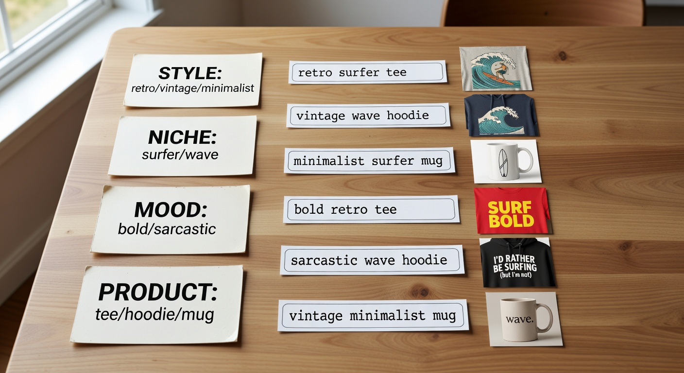 Visual breakdown of search formula components - style (retro/vintage/minimalist), niche (surfer/wave), mood (bold/sarcastic), product (tee/hoodie/mug) with 6 example search bar inputs like 'retro surfer tee' and adjacent thumbnail previews showing resulting designs (20 words)