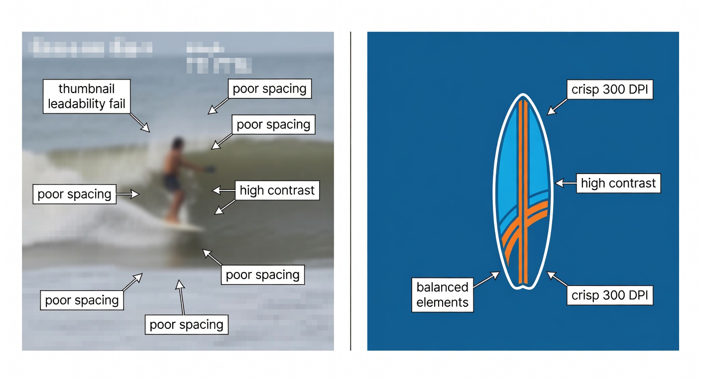 Side-by-side comparison of high-quality vs low-quality surfer design thumbnails at 200x200px: left (bad) - blurry wave rider with overlapping text, low contrast grays, tight spacing; right (good) - sharp retro surfboard logo with bold orange on blue, even margins, balanced composition; labeled callouts for 'thumbnail readability fail', 'poor spacing', vs 'crisp 300 DPI', 'high contrast', 'balanced elements'