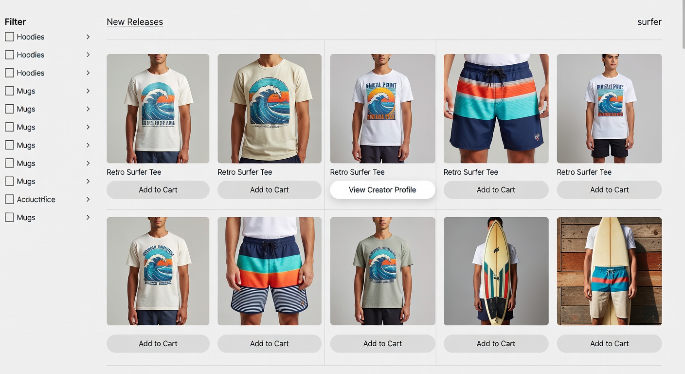 Screenshot-style mockup of marketplace /shop page filtered to 'surfer' keyword, showing 12-product grid with thumbnails, highlighted 'View Creator Profile' button on a retro surfer tee, filter sidebar for hoodies/mugs, and top nav link to /new-releases
