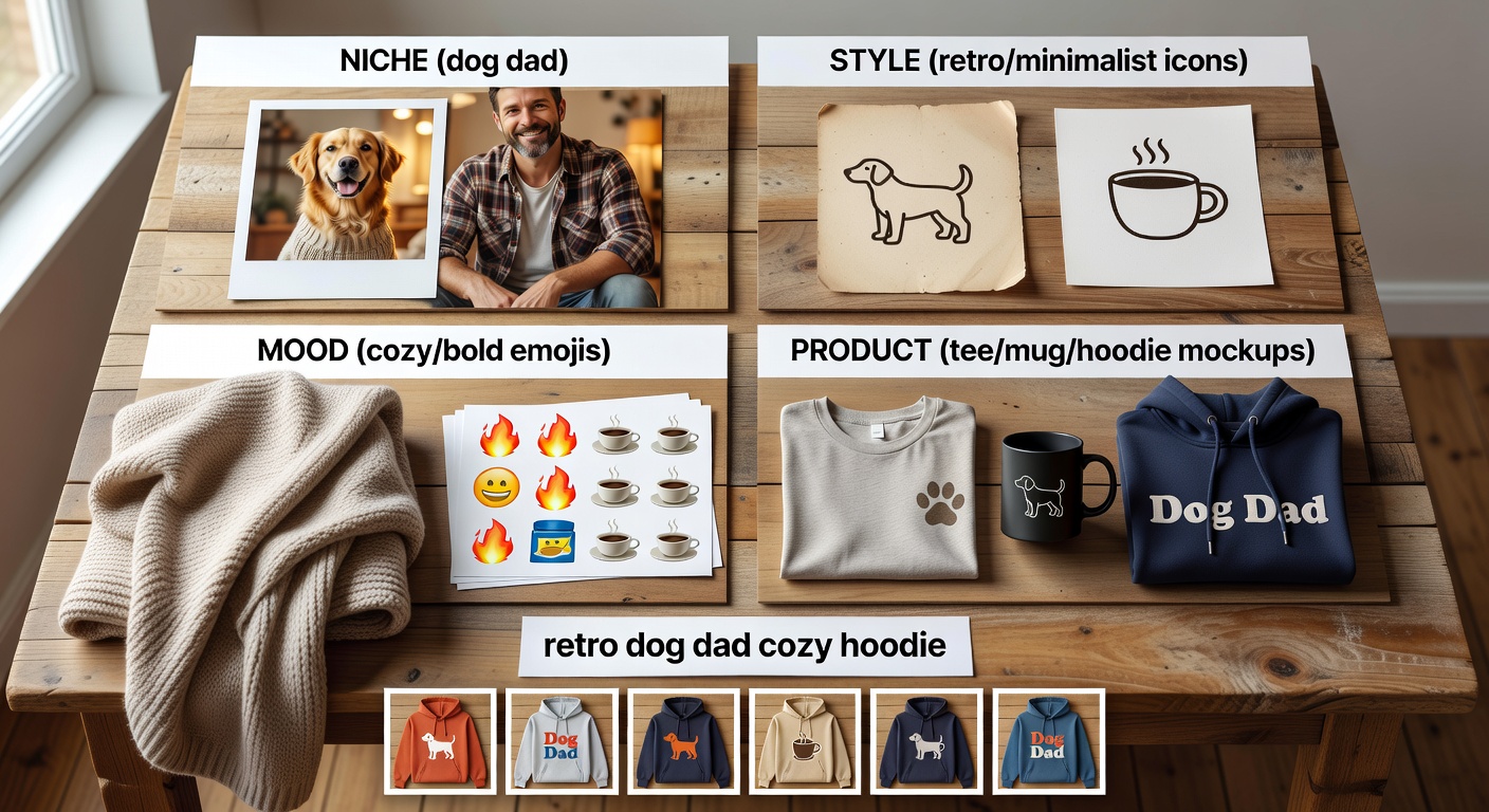 Visual breakdown of search formula components showing four quadrants—niche (dog dad), style (retro/minimalist icons), mood (cozy/bold emojis), product (tee/mug/hoodie mockups)—with example combo 'retro dog dad cozy hoodie' yielding thumbnail grid of 6 designs