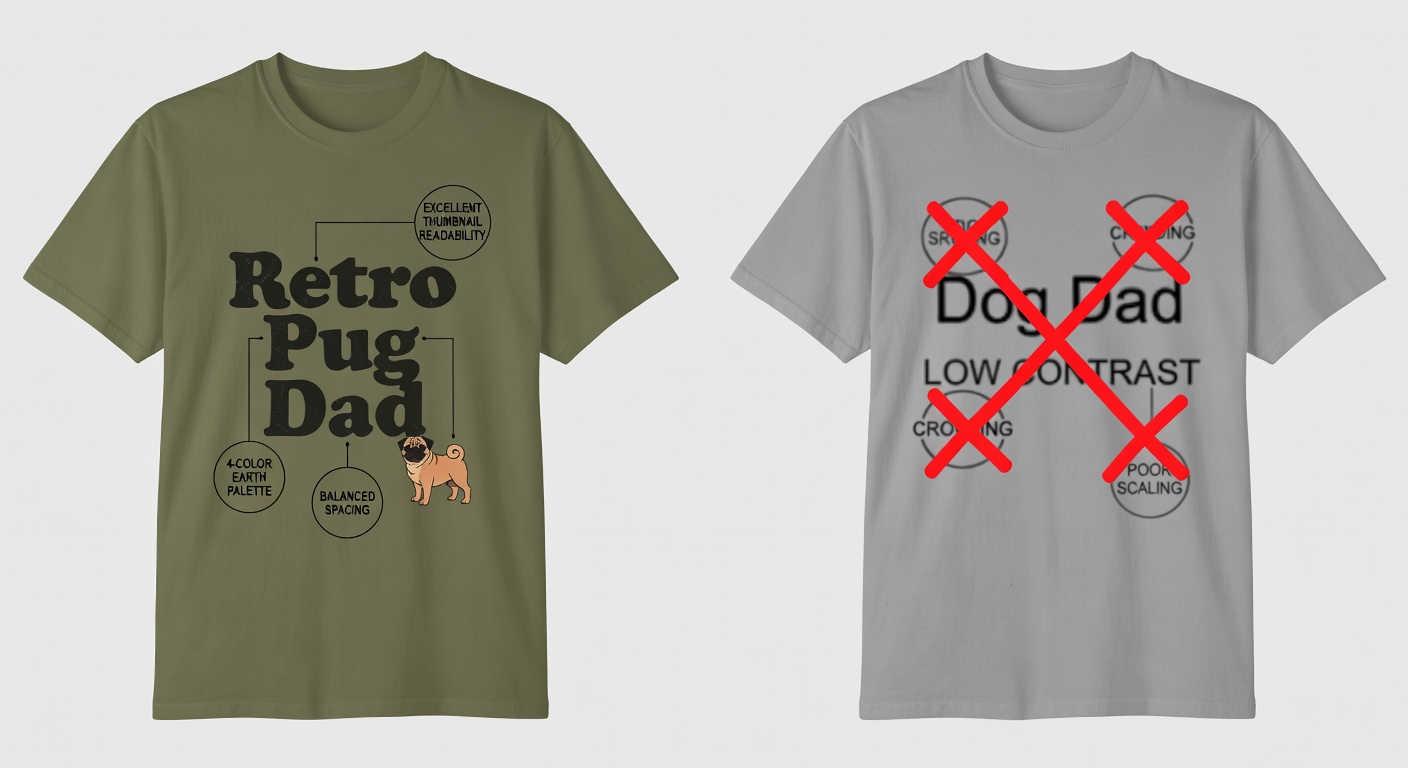 Side-by-side comparison of high-quality vs low-quality dog dad designs: Left—'Retro Pug Dad' tee with labeled callouts (excellent thumbnail readability, balanced spacing, 4-color earth palette); Right—blurry 'Dog Dad' text with red X's on crowding, low contrast, poor scaling