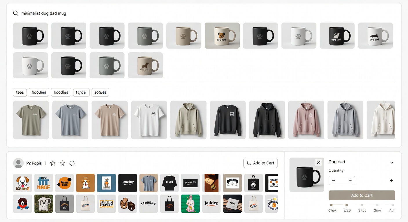 Screenshot-style mockup of marketplace interface: Top—search bar with 'minimalist dog dad mug' results (12 thumbnails); Middle—applied filters (tees/hoodies); Bottom—creator profile with 20 related designs and add-to-cart flow
