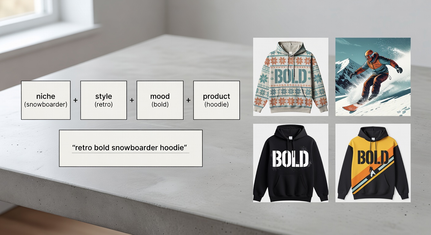 Visual breakdown of a search formula for snowboarder designs, showing four components in labeled boxes: 'niche (snowboarder)' + 'style (retro)' + 'mood (bold)' + 'product (hoodie)', with example search 'retro bold snowboarder hoodie' and resulting thumbnail previews of 4 diverse designs (20 words)