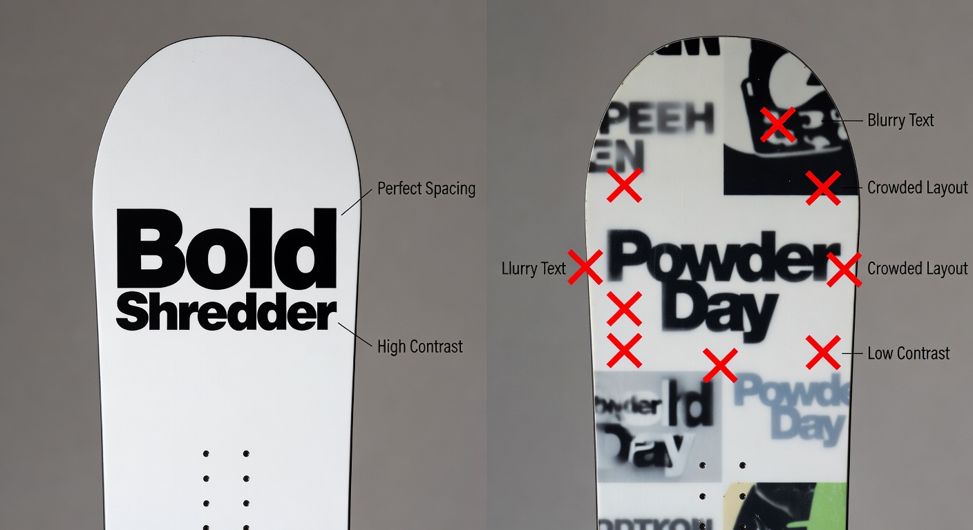 Side-by-side comparison of high-quality vs low-quality snowboarder designs: left shows crisp 'Bold Shredder' logo with perfect spacing/contrast labels; right shows blurry crowded 'Powder Day' with red X callouts for issues; thumbnails at 300px width (28 words)