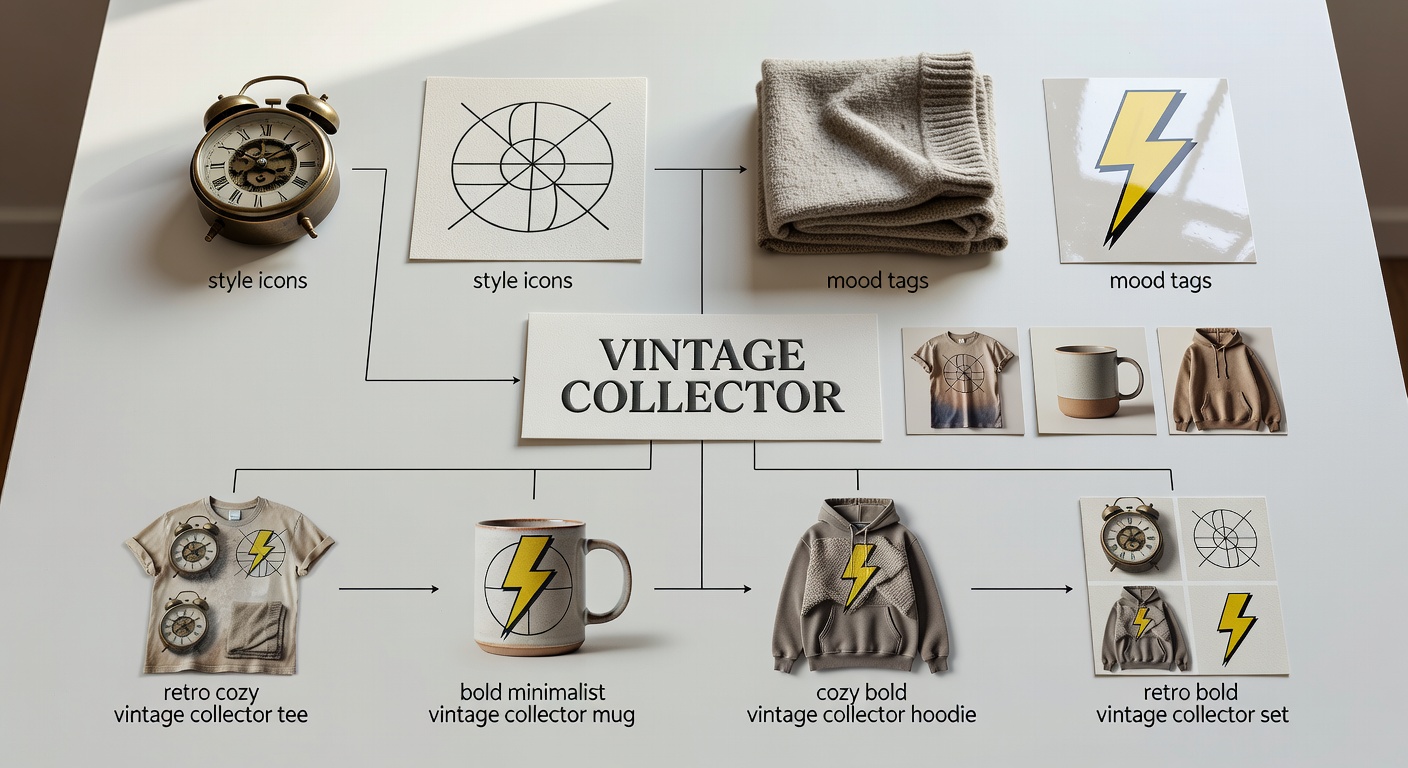 Visual breakdown of search formula components showing 'vintage collector' as core + style icons (retro clock, minimalist line art) + mood tags (cozy blanket, bold lightning) + product thumbnails (tee, mug, hoodie) with 4 example combinations like 'retro cozy vintage collector tee' and resulting design previews