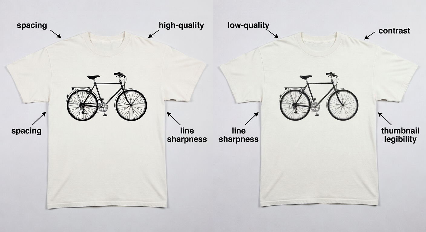 Side-by-side comparison of high-quality vs low-quality vintage collector tee design: left shows crisp retro bicycle at 300 DPI with balanced spacing and high contrast; right shows blurry pixelated version with crowded elements and poor readability; labeled callouts for spacing, contrast, line sharpness, and thumbnail legibility