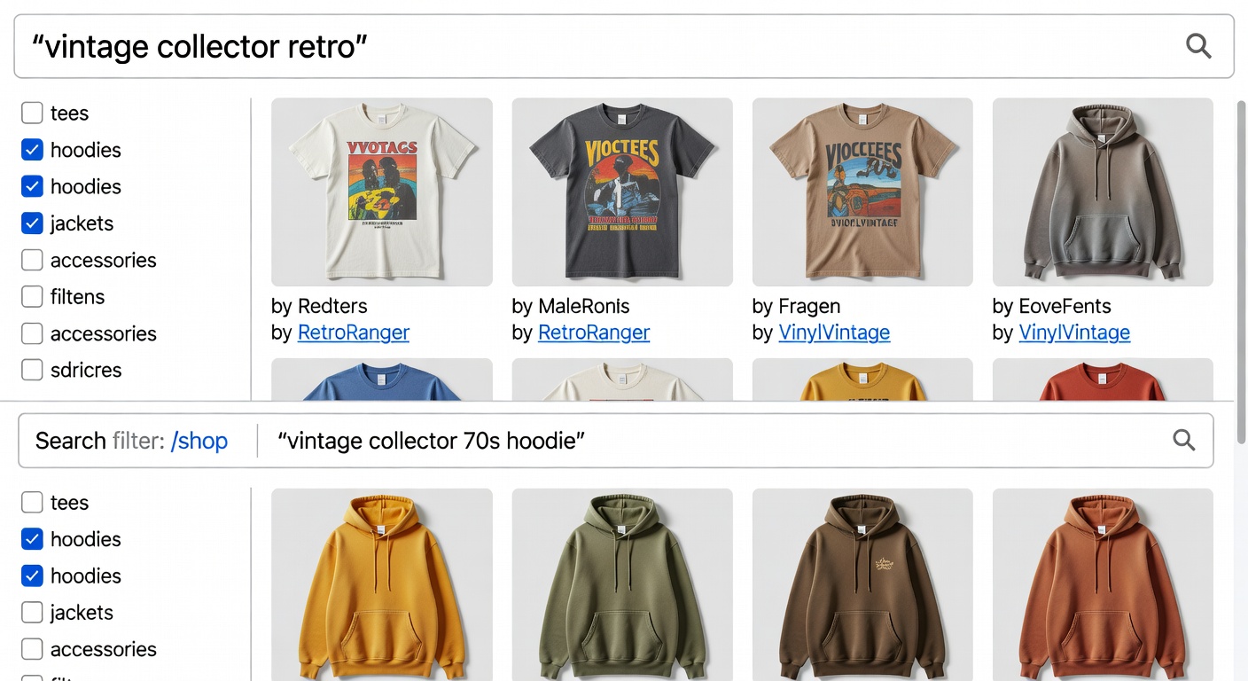 Screenshot-style mockup of marketplace interface on /shop page: top shows 'vintage collector retro' search with filter sidebar (tees, hoodies selected); middle displays 6 thumbnail results with creator profile links highlighted; bottom shows pivot to 'vintage collector 70s hoodie' yielding new grid