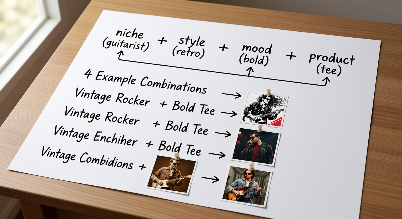 Visual breakdown of a search formula diagram showing components like 'niche (guitarist)' + 'style (retro)' + 'mood (bold)' + 'product (tee)' with 4 example combinations yielding thumbnail previews of guitarist designs