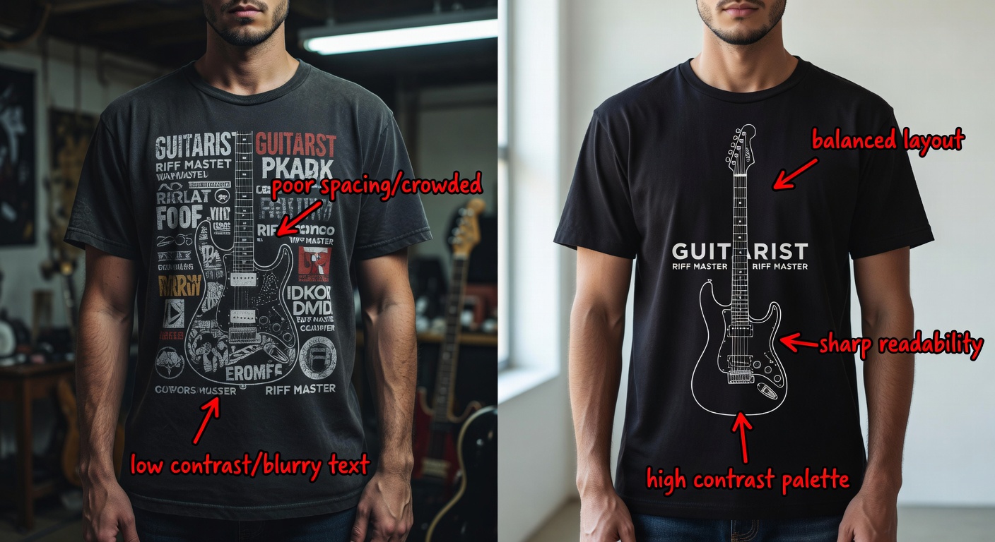 Side-by-side comparison of high-quality vs low-quality guitarist tee designs at thumbnail size (240x300px), with red callouts labeling 'poor spacing/crowded', 'low contrast/blurry text' on low-quality vs 'balanced layout', 'sharp readability', 'high contrast palette' on high-quality