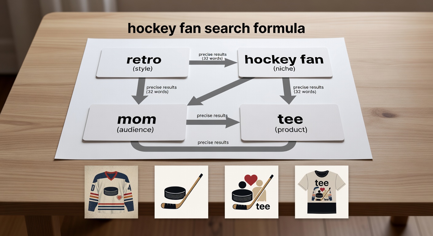 Visual breakdown of a hockey fan search formula showing components like 'retro' (style), 'hockey fan' (niche), 'mom' (audience), '<a href=