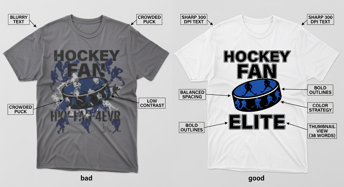 Side-by-side comparison of high-quality vs low-quality hockey fan tee designs; left: blurry text, crowded puck, low contrast (bad); right: sharp 300 DPI text, balanced spacing, bold outlines (good); labeled callouts for readability, spacing, color strategy, and thumbnail view (38 words)