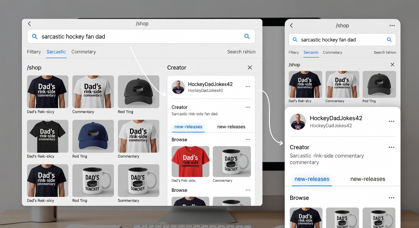 Screenshot-style mockup of marketplace interface on desktop/mobile; top search bar with 'sarcastic hockey fan dad' formula entered; below: filtered results on /shop with hockey fan products, creator profile open, and new-releases tab highlighted; arrows showing pivot from one design to profile browse (42 words)