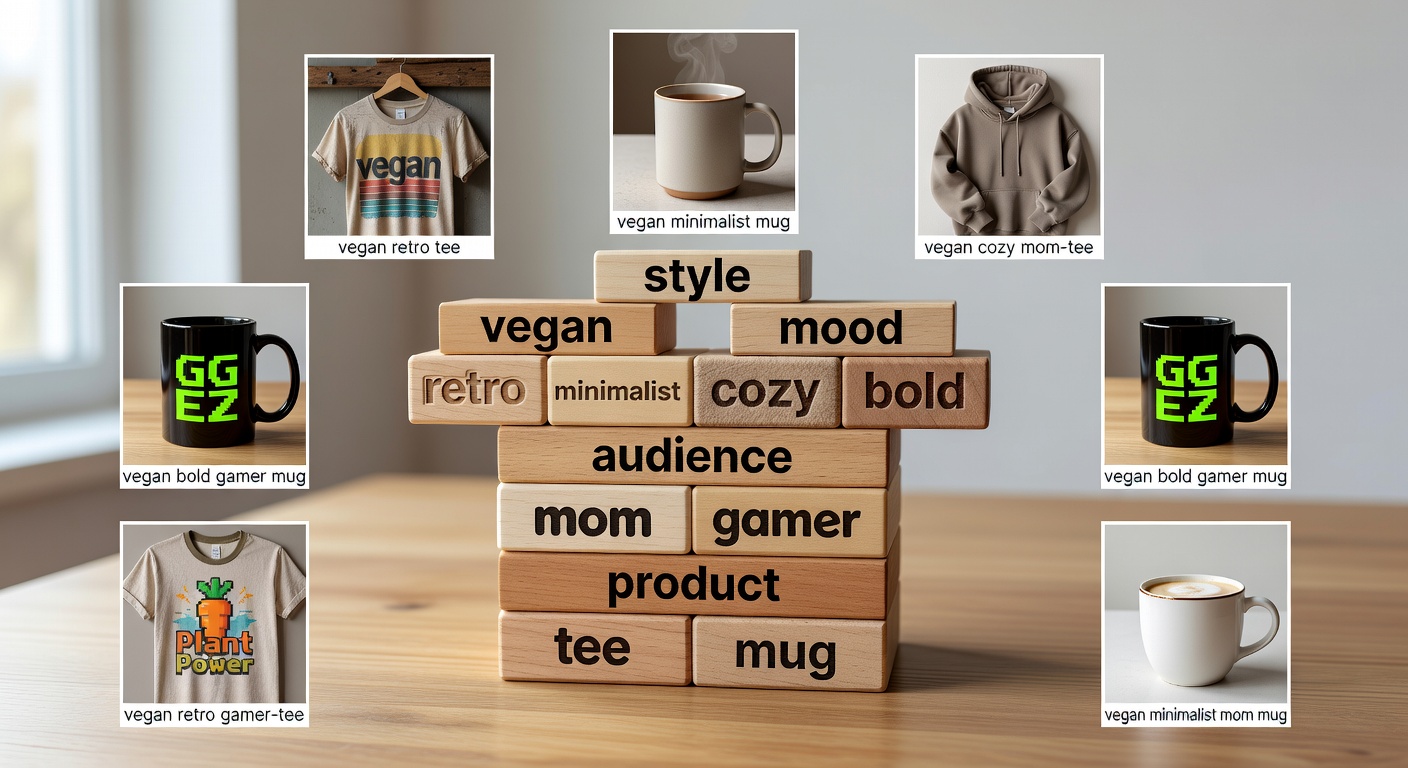 Visual breakdown of search formula components showing 'vegan' as core niche stacked with style (retro, minimalist), mood (cozy, bold), audience (mom, gamer), and product (<a href=