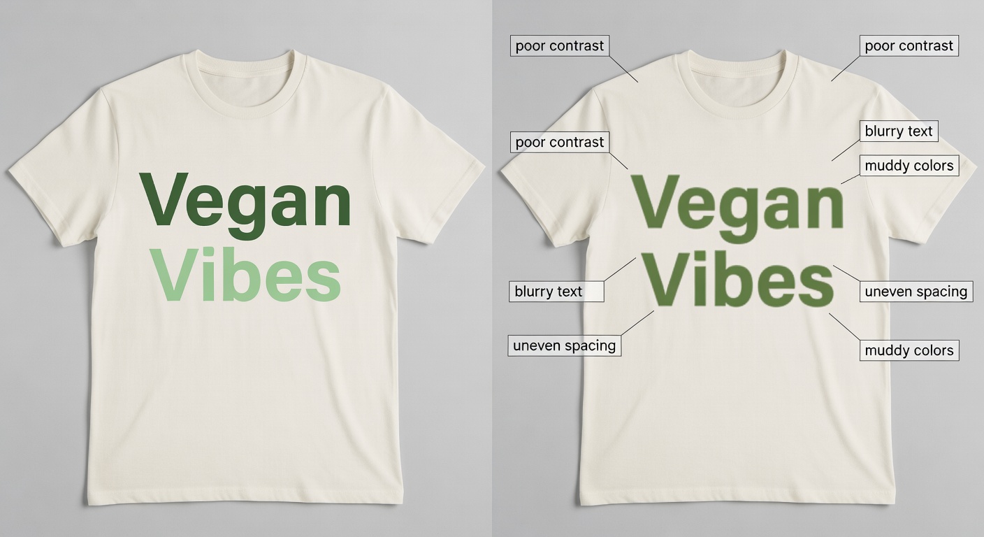 Side-by-side comparison of high-quality vs low-quality vegan tee design thumbnails: left shows 'Vegan Vibes' with perfect spacing, 300 DPI sharp text, balanced greens; right shows blurry crowded version with callouts labeling issues like 'poor contrast' and 'uneven spacing' (32 words)