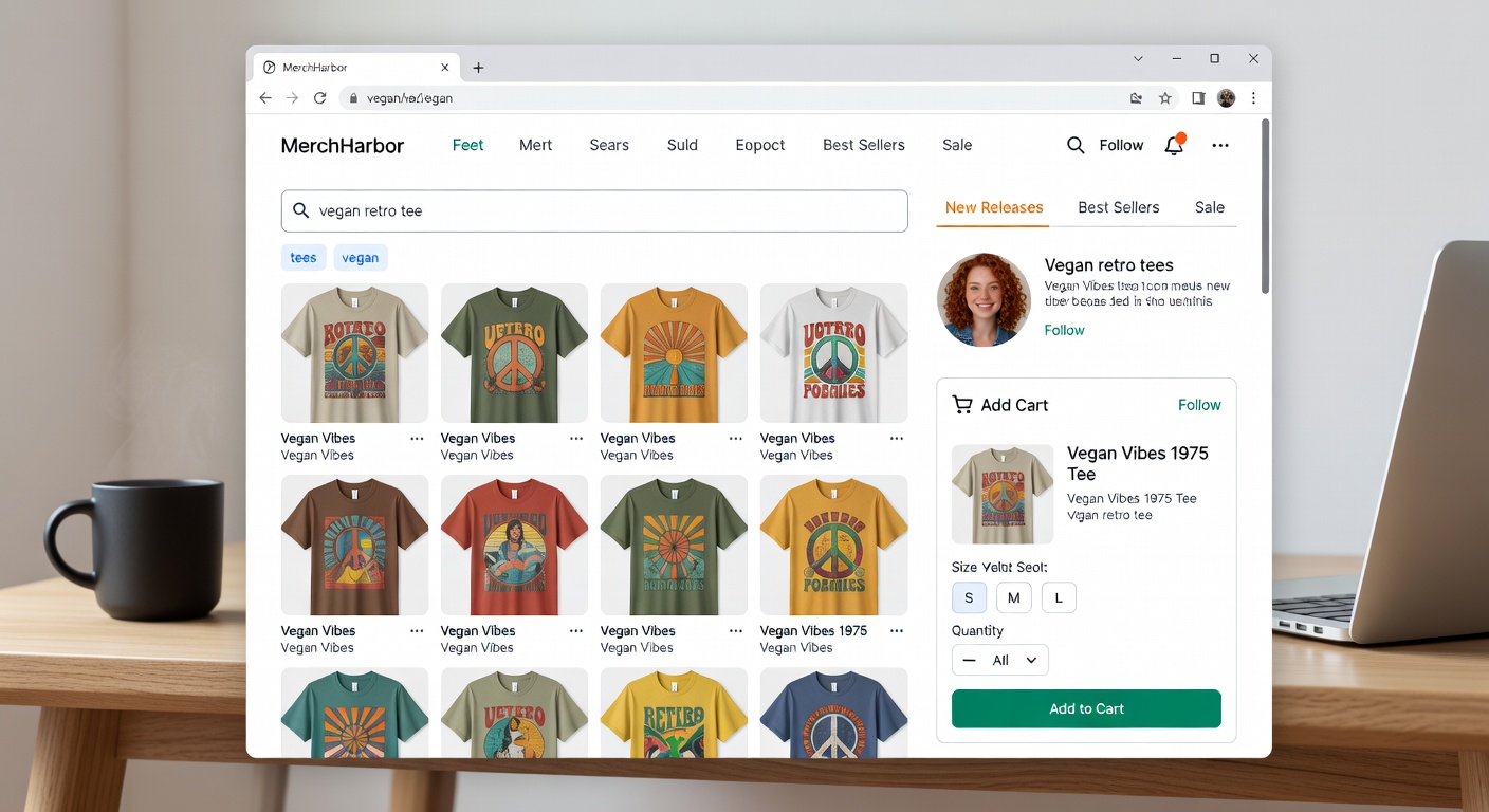 Screenshot-style mockup of MerchHarbor shop interface: search bar with 'vegan retro tee' results, applied filters (tees, vegan), creator profile open, and cart-add workflow with new releases tab highlighted (28 words)