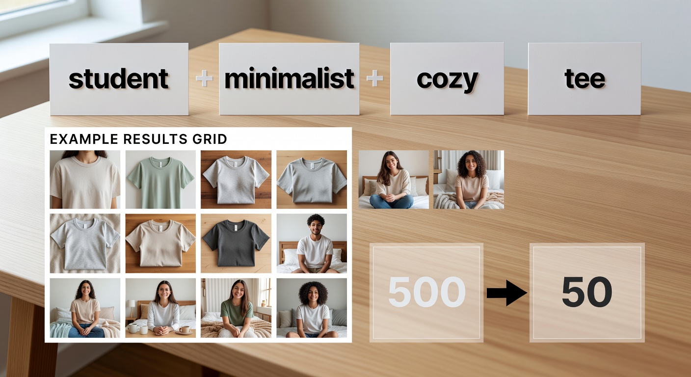 Visual breakdown of a niche stack search formula with four components labeled: 'student' (core niche) + 'minimalist' (style) + 'cozy' (mood) + '<a href=