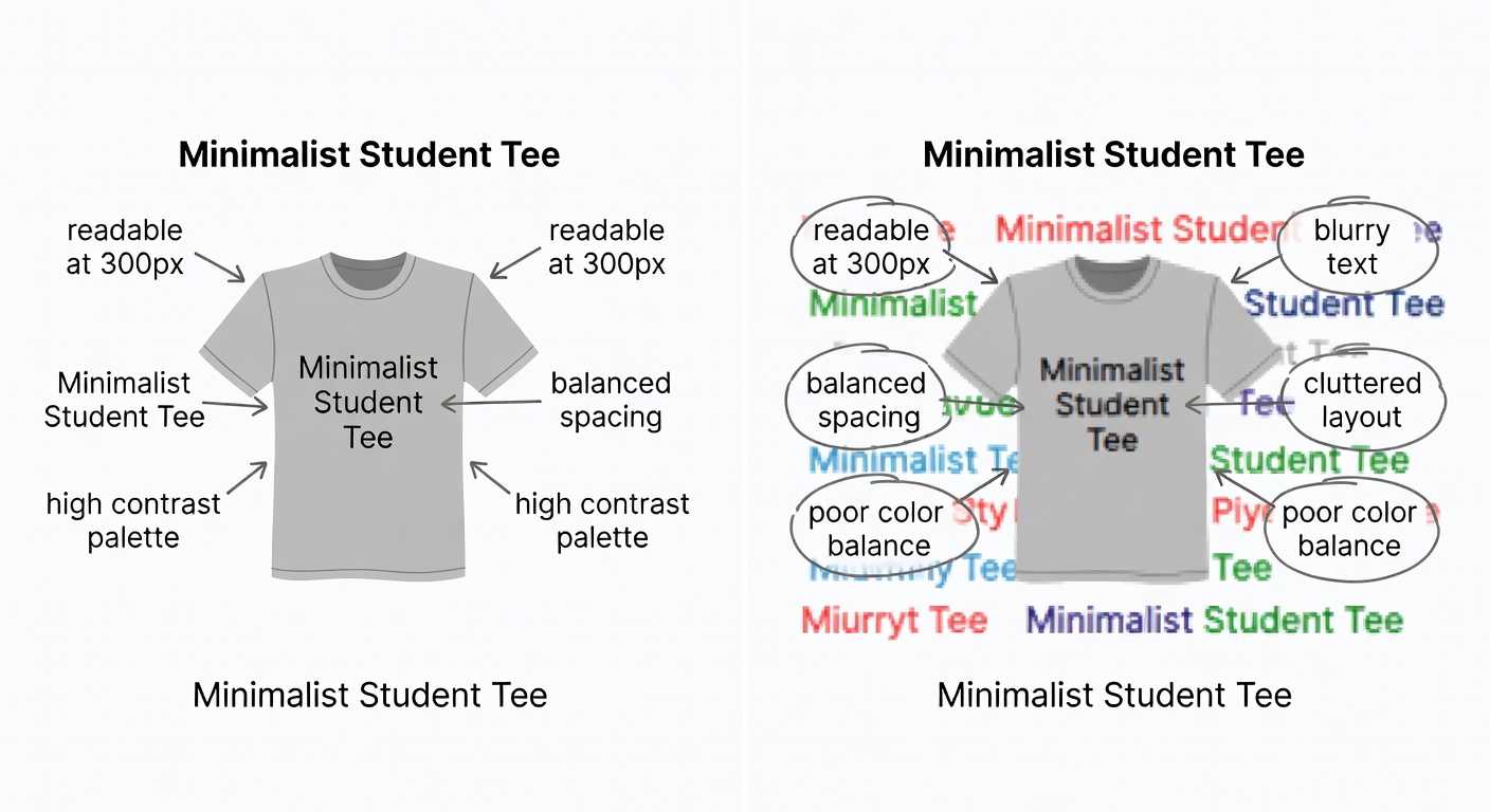 Side-by-side comparison of high-quality vs low-quality student design thumbnails: left (high) labeled 'Minimalist Student Tee' with callouts for 'readable at 300px', 'balanced spacing', 'high contrast palette'; right (low) with callouts for 'blurry text', 'cluttered layout', 'poor color balance'; both at identical thumbnail size