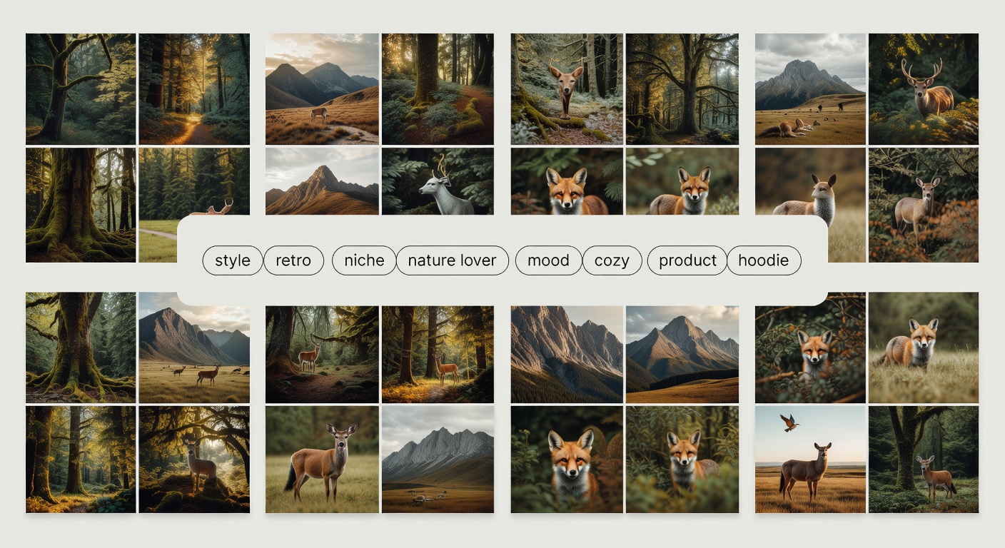Visual breakdown of a search formula bar with labeled components: 'retro' (style), 'nature lover' (niche), 'cozy' (mood), 'hoodie' (product), showing 4 example combinations yielding thumbnail grids of forest motifs, mountains, and wildlife in earthy tones (25 words)