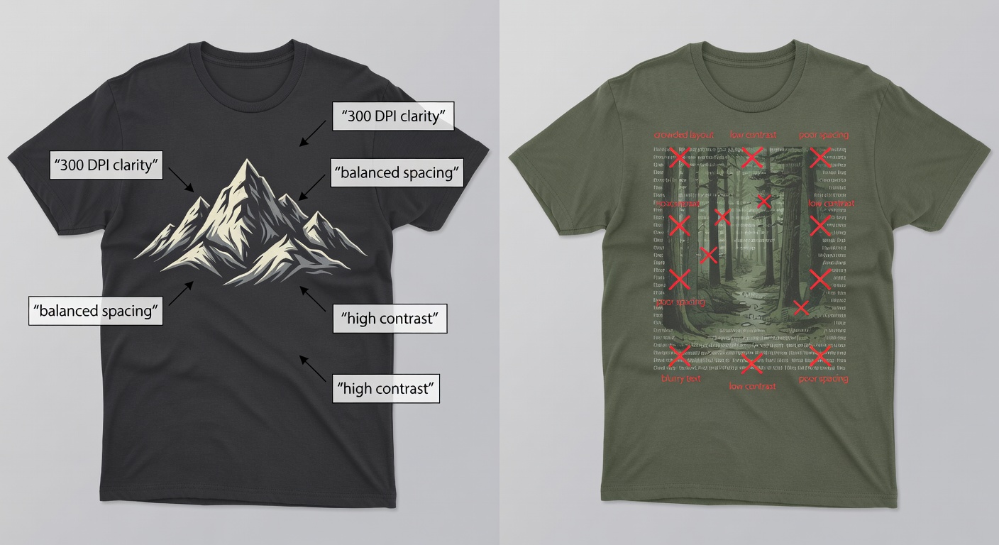 Side-by-side comparison of high-quality vs low-quality nature lover designs: left shows crisp minimalist mountain tee with callouts for '300 DPI clarity,' 'balanced spacing,' 'high contrast'; right blurry crowded forest graphic with red X's on issues (32 words)