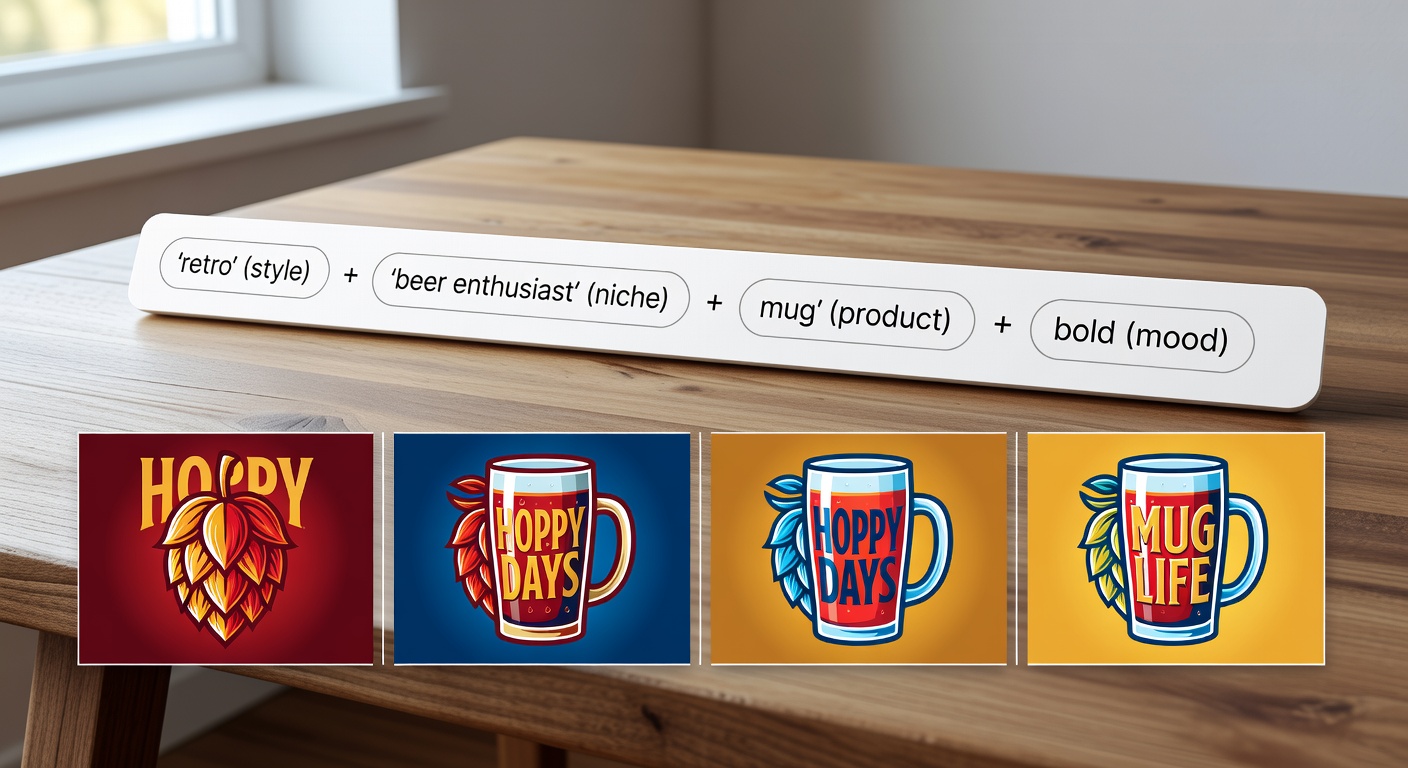 Visual breakdown of a search formula bar showing components: 'retro' (style) + 'beer enthusiast' (niche) + 'mug' (product) + 'bold' (mood), with 4 example combinations yielding thumbnail previews of hop illustrations, pint glass motifs, and brewery puns in high-contrast colors
