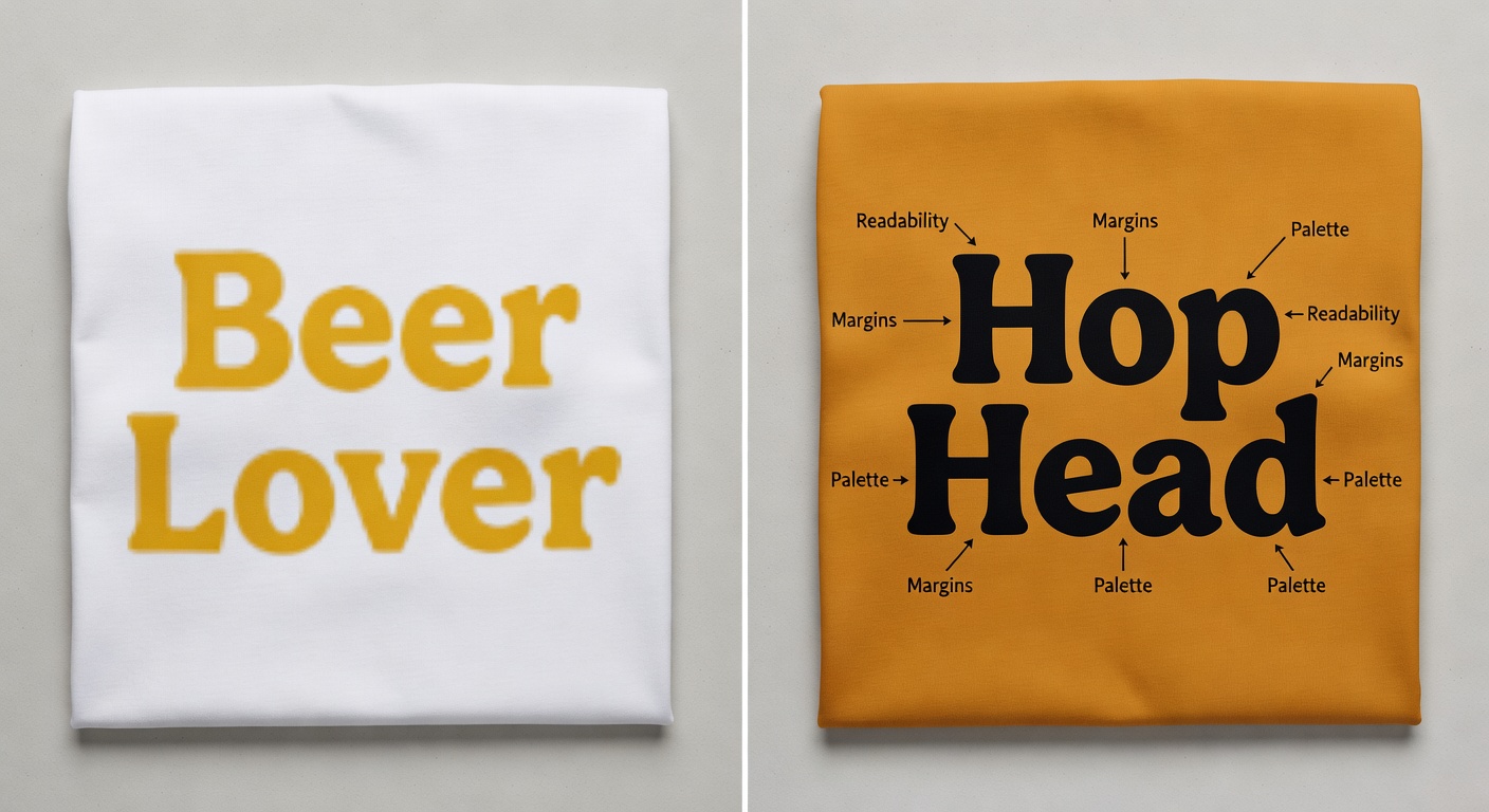 Side-by-side comparison of two beer enthusiast tee thumbnails: left low-quality (crowded text 'Beer Lover' with poor spacing, low contrast yellows on white); right high-quality (balanced 'Hop Head' logo with clean retro spacing, black on amber contrast, labeled callouts for readability, margins, and palette)