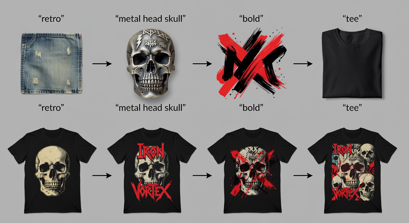 Visual breakdown of a metal head search formula with labeled components: 'retro' (style), 'metal head skull' (niche), 'bold' (mood), 'tee' (product) showing 4 example combinations and their thumbnail results side-by-side