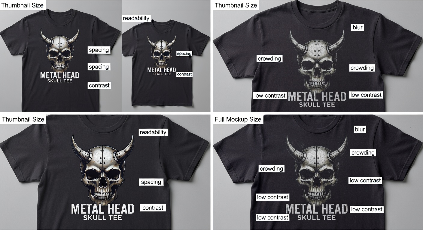 Side-by-side comparison of high-quality vs low-quality metal head skull tee: left (good) labels readability, spacing, contrast; right (bad) labels blur, crowding, low contrast; both at thumbnail and full mockup sizes