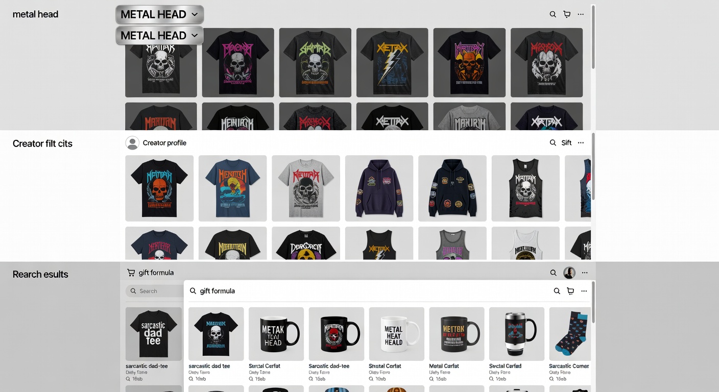 Screenshot-style mockup of shop interface: top shows metal head filter applied; middle creator profile with 12 designs; bottom cart with gift formula search results like sarcastic dad tee