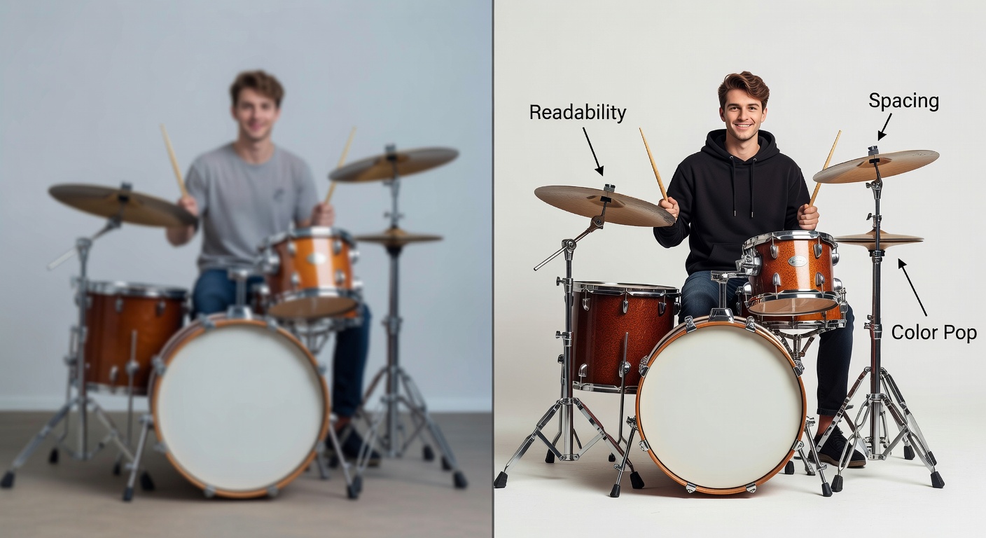 Side-by-side comparison of two drummer designs at thumbnail size (300x300px): left low-quality with blurry drum kit, poor spacing, low contrast on gray tee; right high-quality with sharp 2400x3000px retro drummer illustration, balanced elements, high contrast on black hoodie, labeled callouts for readability, spacing, and color pop (28 words)