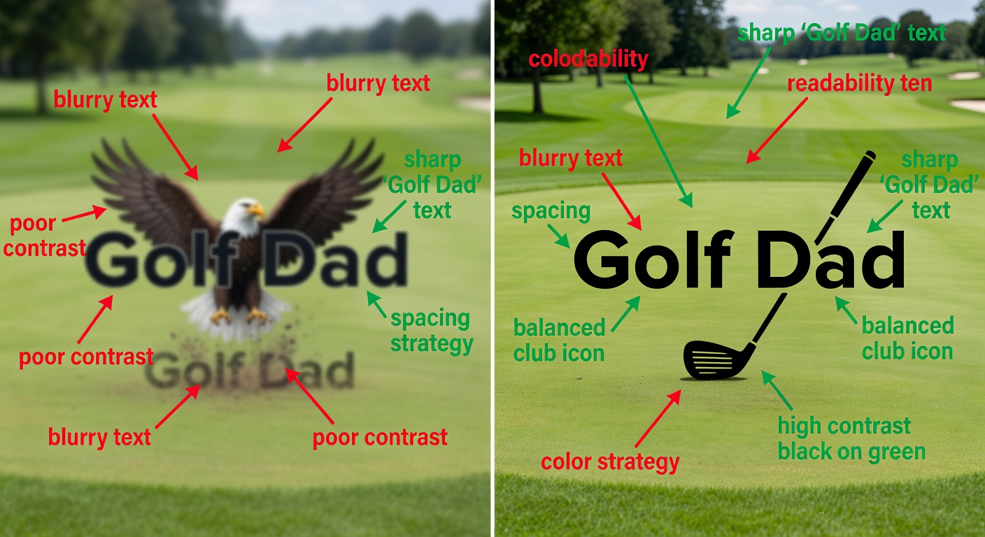 Side-by-side comparison of two golf enthusiast tee thumbnails - left low-quality (blurry text, crowded eagle graphic, poor contrast); right high-quality (sharp 'Golf Dad' text, balanced club icon, high contrast black on green) with red/green callouts for readability, spacing, and color strategy (32 words)