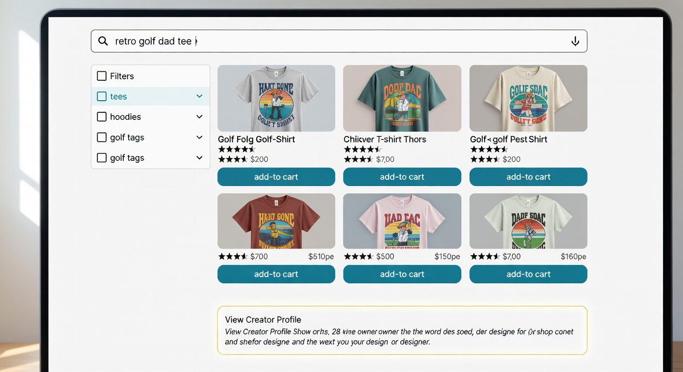 Screenshot-style mockup of shop interface on desktop - top search bar with 'retro golf dad tee', left filters expanded (tees, hoodies, golf tags), center 4-product grid with add-to-cart buttons, bottom creator profile link highlighted (28 words)