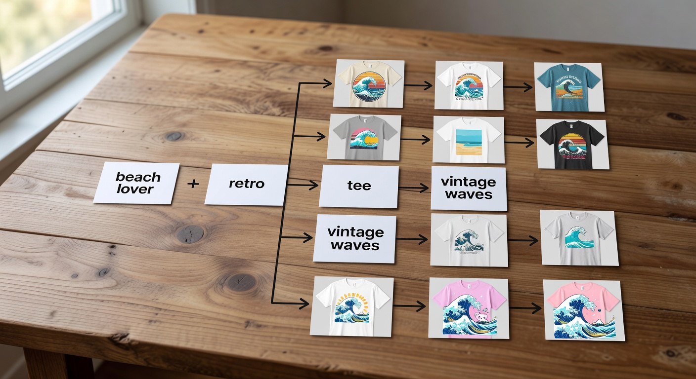 Visual breakdown of a search formula diagram showing components like 'beach lover' (niche) + 'retro' (style) + 'tee' (product) + 'vintage waves' (mood), with 6 example combinations branching out to mock product thumbnails of beach designs in retro, minimalist, and kawaii styles (25 words)