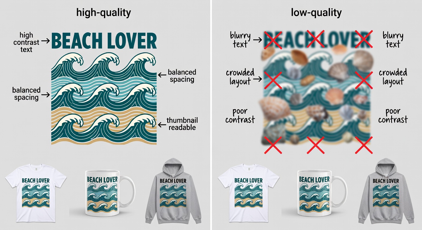 Side-by-side comparison of high-quality vs low-quality beach lover tee thumbnails: left shows crisp retro waves with labeled callouts for 'high contrast text', 'balanced spacing', 'thumbnail readable'; right shows blurry crowded shells with red X's on issues; include mock product mockups on tee, mug, and hoodie (38 words)