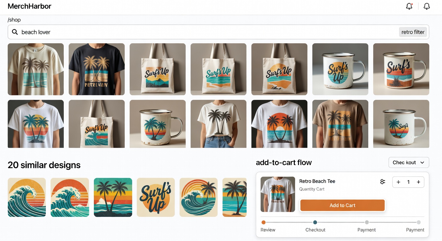 Screenshot-style mockup of MerchHarbor shop interface: top shows /shop with 'beach lover' search and retro filter applied, revealing 12 product thumbnails; bottom shows creator profile with 20 similar designs and add-to-cart flow (32 words)