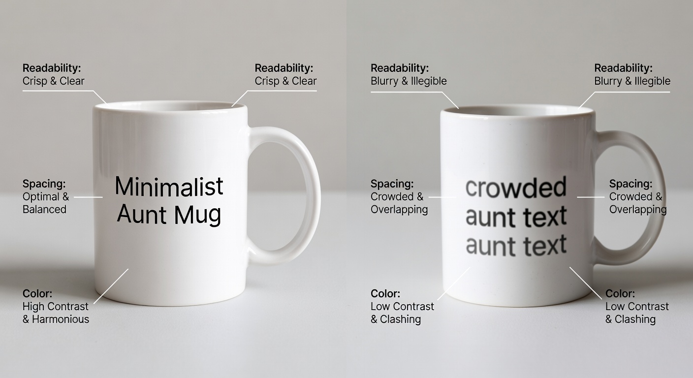 Side-by-side comparison of high-quality vs low-quality aunt designs: Left shows 'Minimalist Aunt Mug' with perfect spacing, 300 DPI sharp text, balanced layout; right shows blurry 'crowded aunt text' with poor contrast and overlap; labeled callouts for readability, spacing, and color issues (32 words)