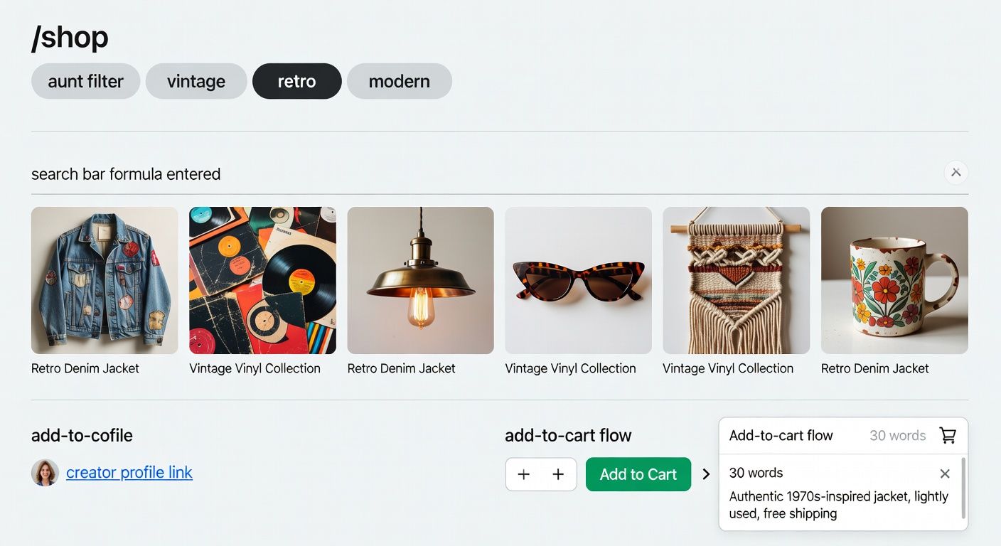Screenshot-style mockup of marketplace interface on /shop page: Top shows aunt filter applied with 'retro' style selected, middle displays 6 product thumbnails with search bar formula entered, bottom highlights creator profile link and add-to-cart flow (30 words)