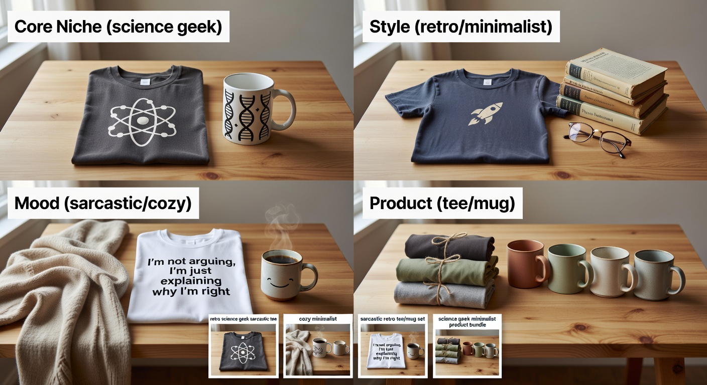 Visual breakdown of a search formula: four quadrants labeled 'Core Niche (science geek)', 'Style (retro/minimalist)', 'Mood (sarcastic/cozy)', 'Product (tee/mug)' with example combos like 'retro science geek sarcastic tee' showing 4 generated thumbnail results (28 words)