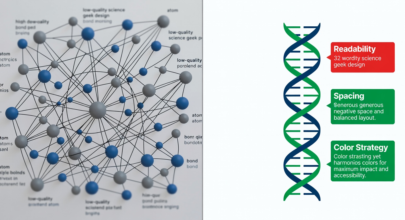 Side-by-side comparison: Left=low-quality science geek design (crowded atoms, low contrast, blurry text); Right=high-quality (balanced DNA helix, sharp minimalist lines, high contrast palette) with red/green callout labels for readability, spacing, and color strategy (32 words)