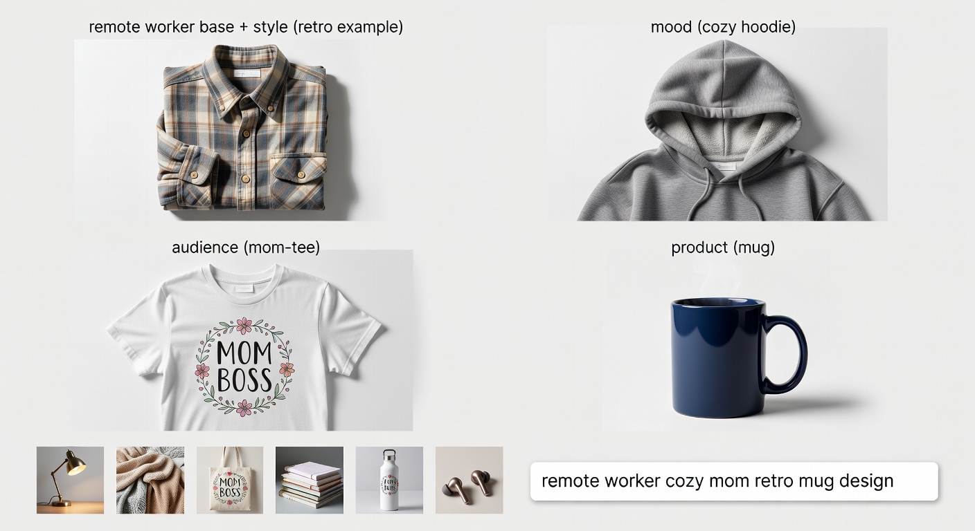 Visual breakdown of niche stack search formula for remote worker designs - four quadrants showing 'remote worker' base + style (retro example), mood (cozy hoodie), audience (mom tee), and product (mug), with 6 thumbnail examples of real results and search bar mockup (28 words)