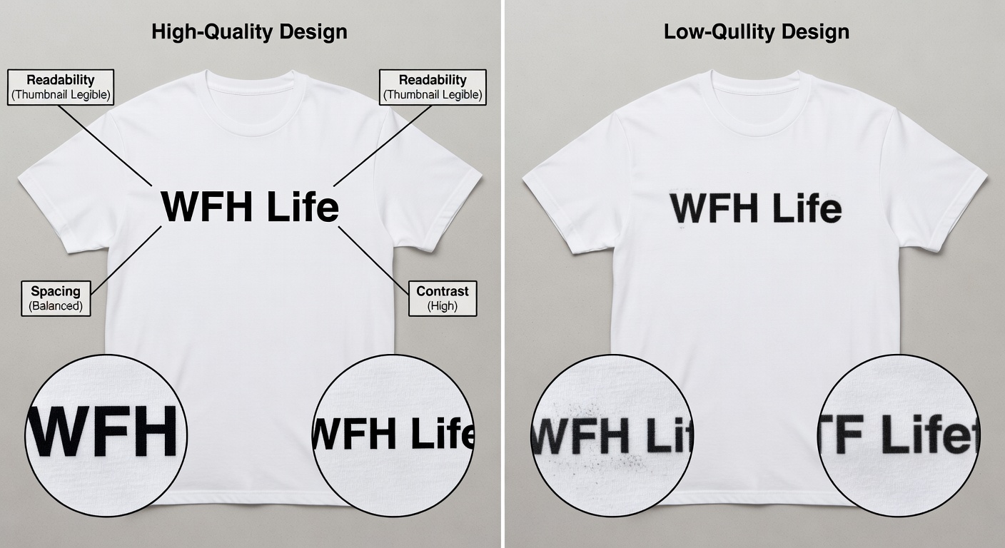 Side-by-side comparison of high-quality vs low-quality remote worker tee designs - left: clean minimalist 'WFH Life' with labeled callouts for readability (thumbnail legible), spacing (balanced), contrast (high); right: blurry sarcastic text with errors; include 300 DPI zoom-ins (32 words)