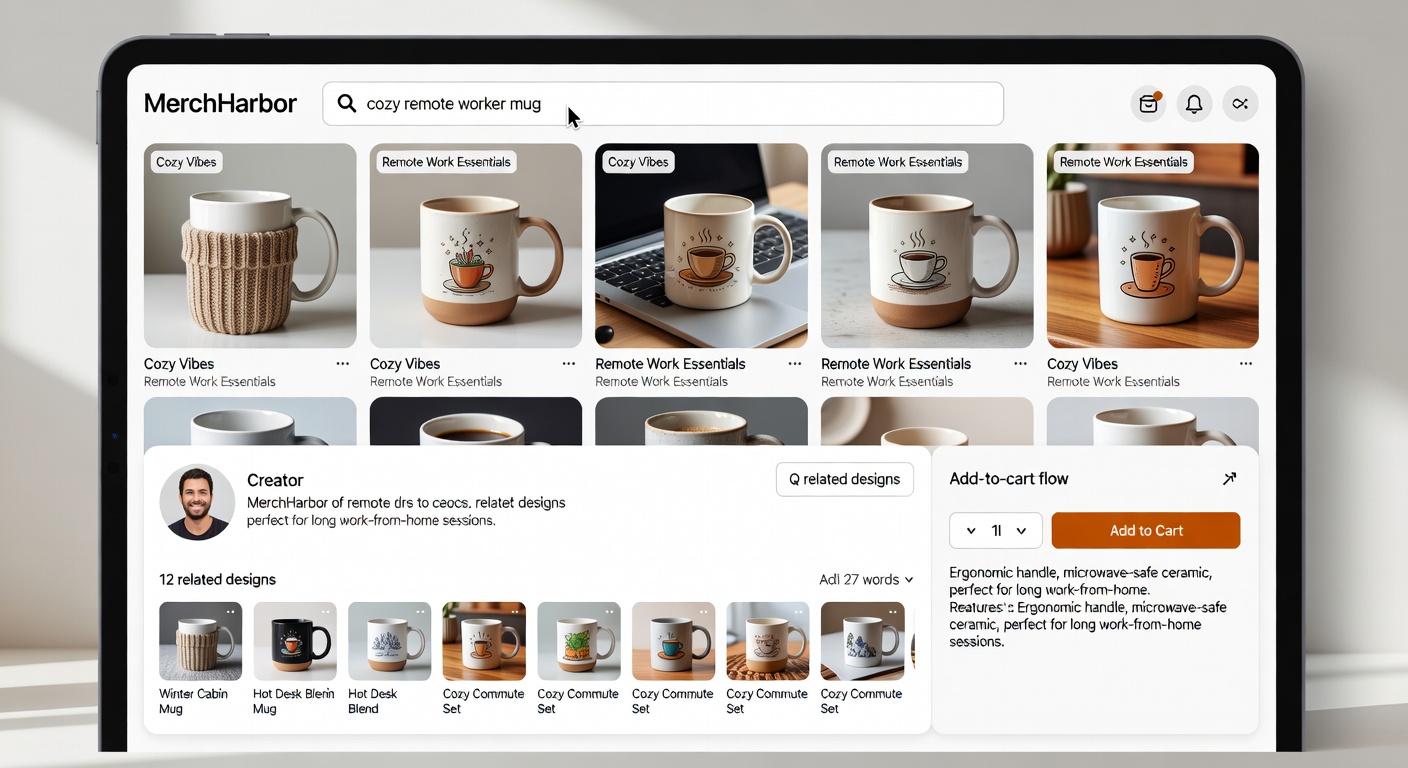 Screenshot-style mockup of MerchHarbor shopping interface - top: search bar with 'cozy remote worker mug'; middle: results grid with filters applied; bottom: creator profile open showing 12 related designs and add-to-cart flow (27 words)